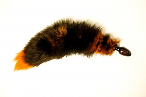 Анальная пробка черного цвета диам.32мм с тонированным оранжевым хвостом