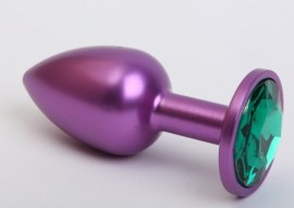 Анальная пробка металл фиолетовая с зеленым стразом 7,6х2,8см