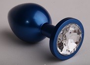 Анальная пробка металл синяя с прозрачным стразом 7,6х2,8см